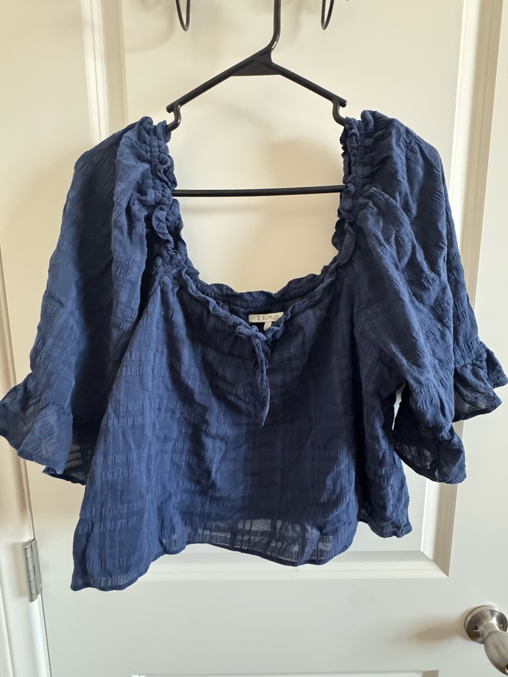 Navy Ruffle Peasant Blouse